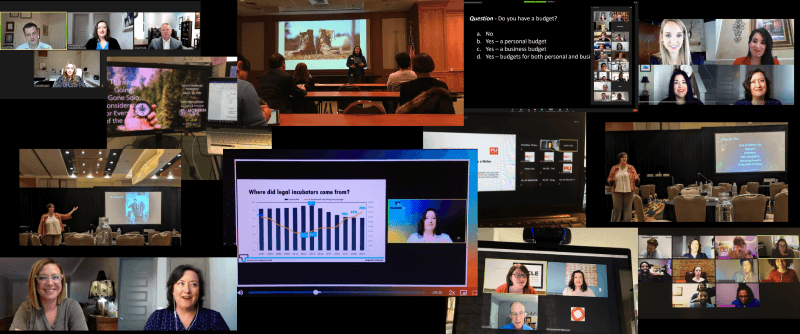 Collage of Anne-Marie, as a speaker, delivering keynotes, workshops, and as part of a panel both virtually and in person.